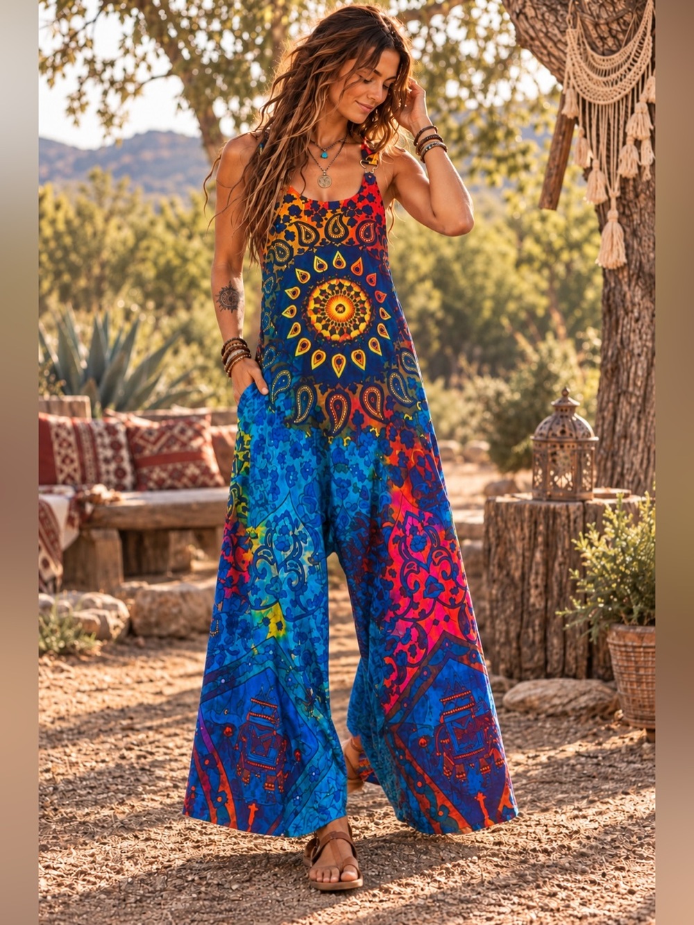 Boho Hippie Mandala Harem Jumpsuit Wide Leg Size L